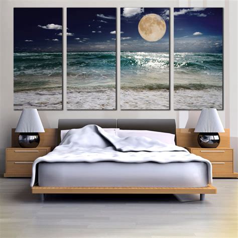 4 Panel Wall Art Ocean Wave Moon Evening Canvas Print Beach Sand Waves ...