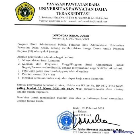 Lowongan Kerja Universitas Pawyatan Daha Kediri Maret 2021