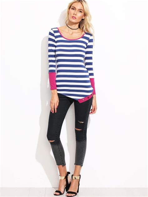 Long Sleeve Striped Asymmetrical T Shirtfor Women Romwe