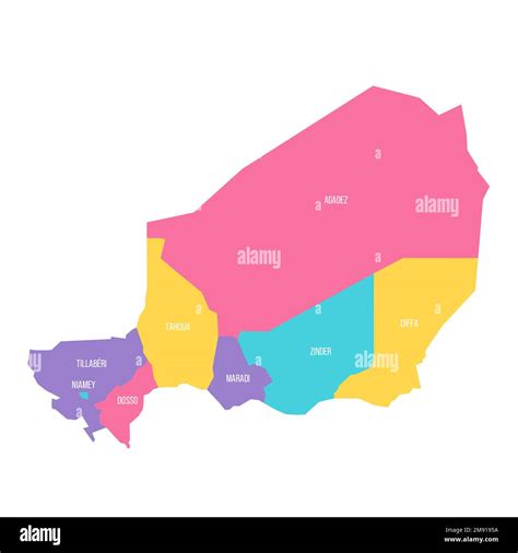 Niger political map of administrative divisions - regions and capital city of Niamey. Colorful ...