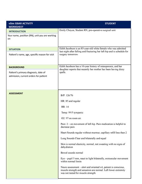 Edith Jacobson Vsim Assignment Vsim Isbar Activity Student Worksheet