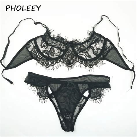 Pholeey Eyelash Lace Bralette Briefs Soft Triangle Bra Panty Sets Sexy