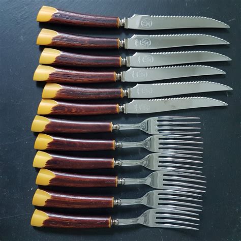 Vintage Glo Hill Fork And Steak Knife Set With Faux Antler Faux Bone