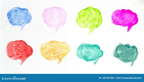 Set Of Watercolor Colorful Speech Bubbles Or Conversation Clouds Hand