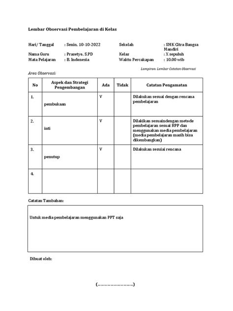 2 Lembar Observasi Pembelajaran Di Kelas Pdf