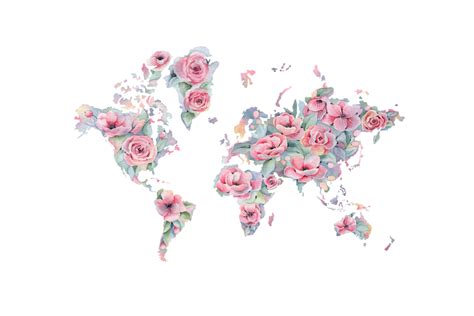 World Map With Roses World Map Art Canvas TenStickers