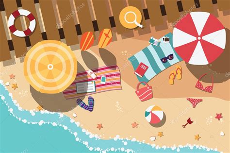 Summer Beach In Flat Design Sea Side And Beach Items Vector Illustration Stock Vector By