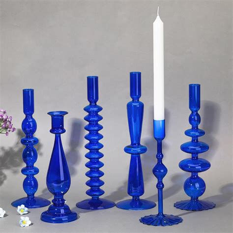 6 Pcs Glass Candlestick Holders Colorful Glass Taper Candle Holders Stand Clear Wavy Groovy