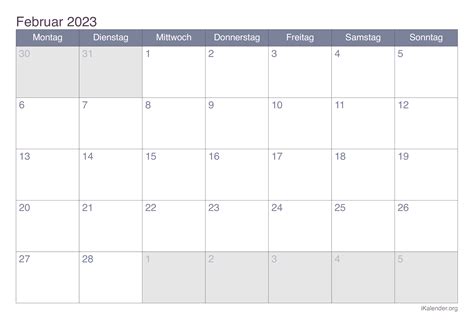 Kalender Februar Zum Ausdrucken Ikalender Org