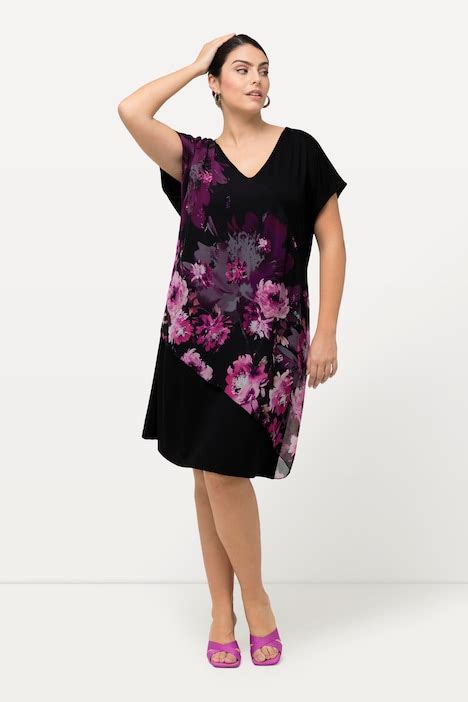 Rose Print Layered Chiffon Dress Black Ulla Popken