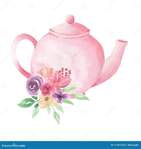 Teapot Flowers Watercolor Foliage Afternoon Tea Floral Arrangement