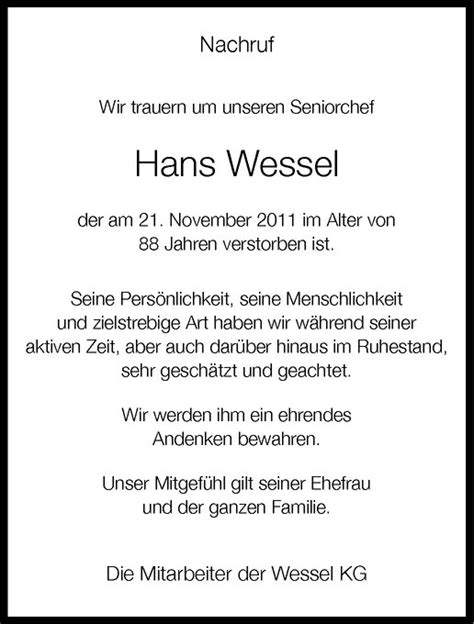 Traueranzeigen Von Hans Wessel Trauer Ms