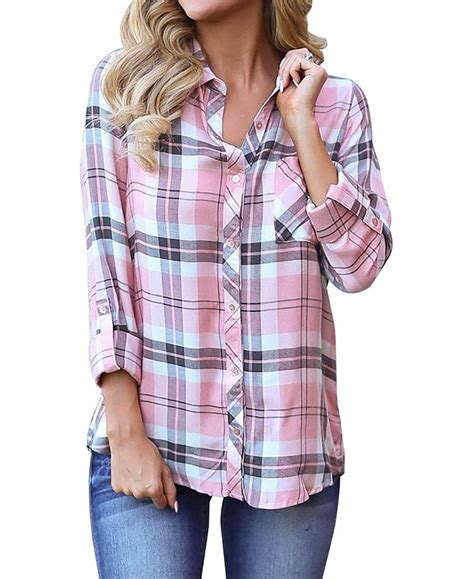 Womens Casual Loose Cuffed Sleeve Plaid Button Down Shirt Pink Ce1883rwin0 With Images