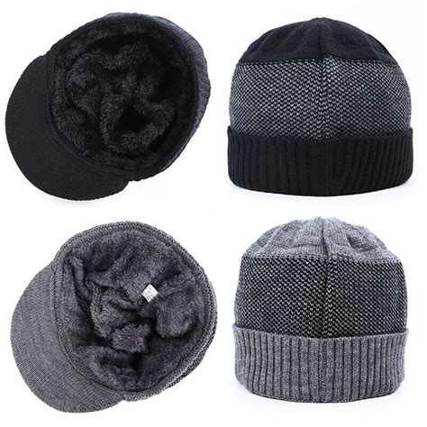 Men Winter Warm Hat Knit Visor Beanie Fleece Lined Billed Beanie With