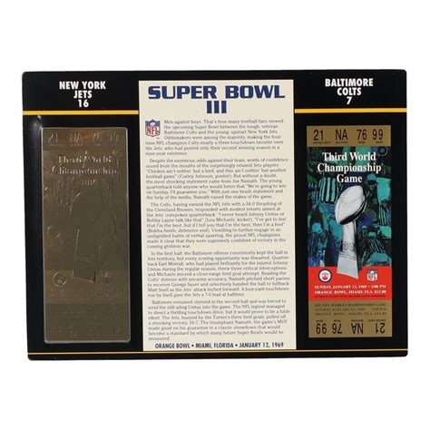 Commemorative Super Bowl Iii Card With Kt Gold Ticket Jets Vs