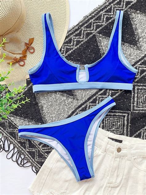 2022 Contrast Trim Strap Bikini Blue S In Bikini Sets Online Store