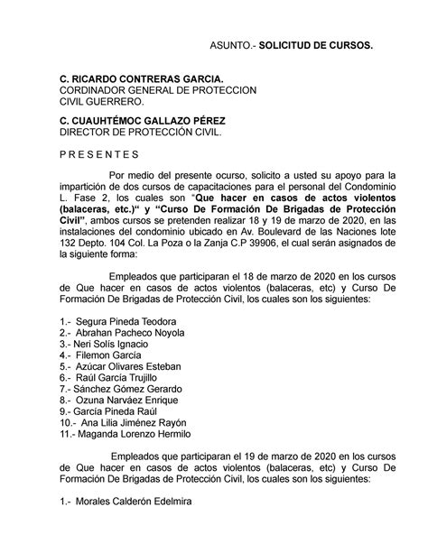 Solicitud A Proteccion Civil Asunto Solicitud De Cursos C Ricardo