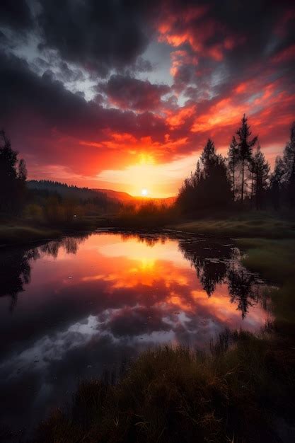 Premium AI Image | A sunset over a river with a reflection of trees and ...