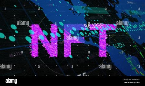 Digital Image Of Purple Nft Text Banner Over World Map Against Black