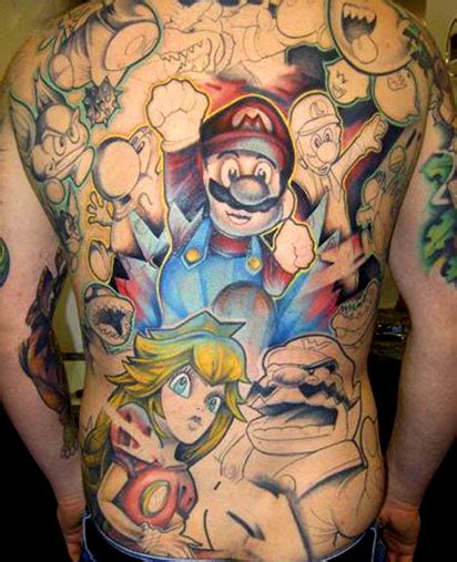 Huge Super Mario Brothers Back Tattoo