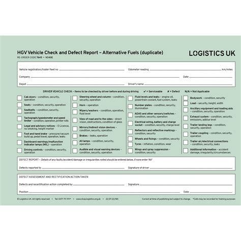 Logistics Uk Vc40e Goods Vehicle Defect Report Pad Including