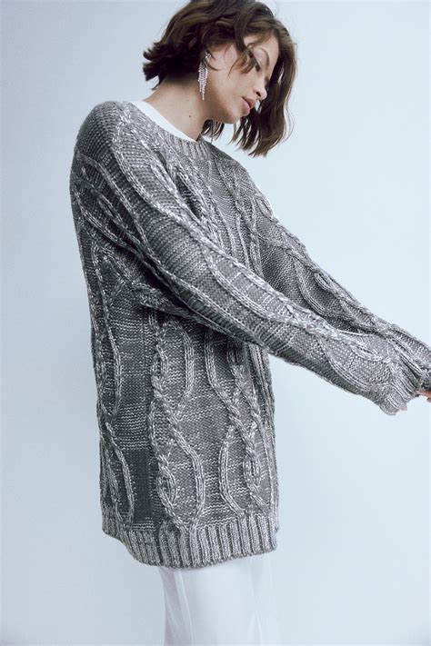 Oversized Shimmery Metallic Sweater Round Neck Long Sleeve Gray Melange Ladies Handm Us