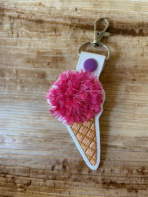 Fringed Ice Cream Ball In Waffle Cone Key Fob Snap Tab Keychain In The