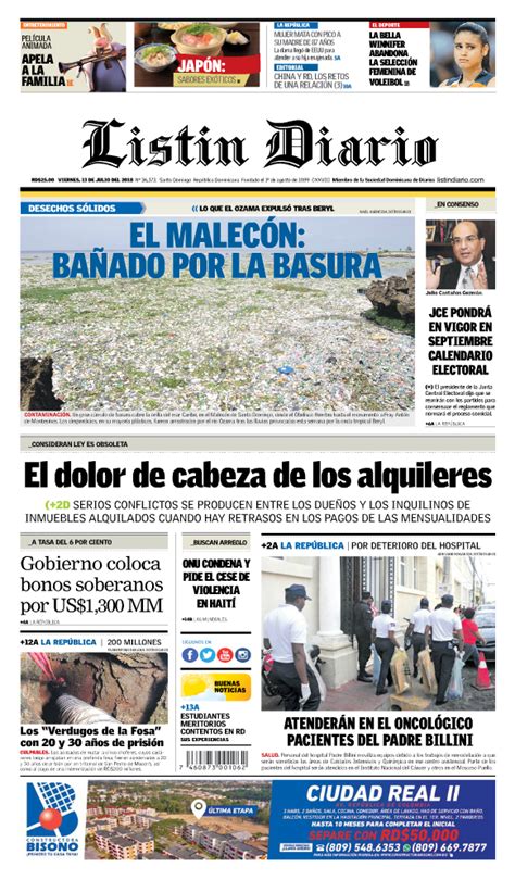 Portada Periódico Listín Diario Viernes 13 De Julio 2018 Dominicana Do