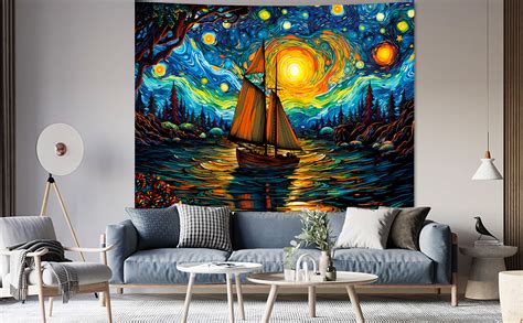 Amazon Maccyafst Starry Night Tapestry Aesthetic Sailing Boat