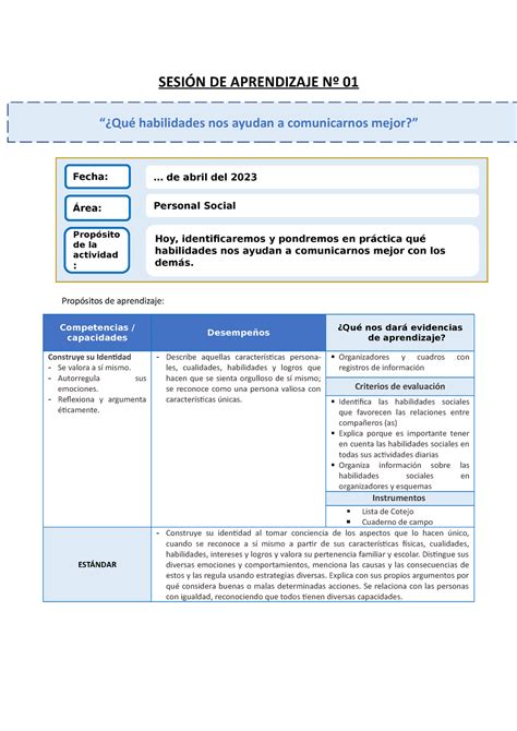 Eda Sem S Ps Sesion Sesi N De Aprendizaje N Prop Sitos De