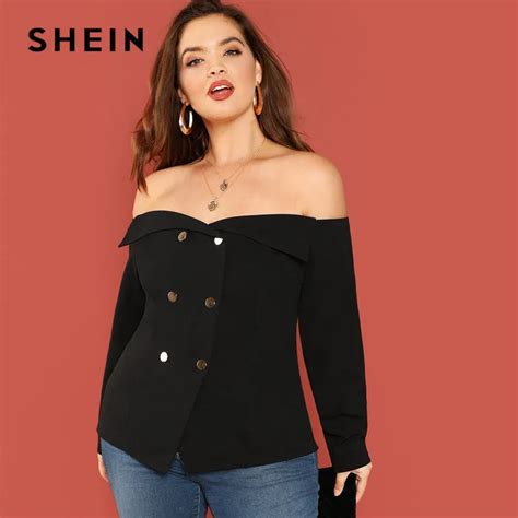 Shein Black Sexy Off The Shoulder Long Sleeve Button Detail Plus Size