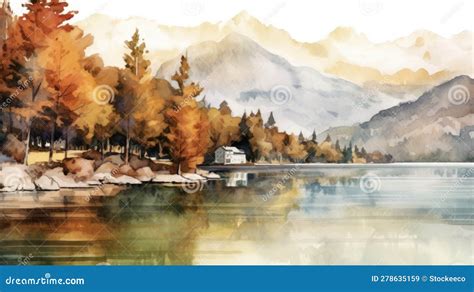 Watercolor Coastline With Trees Lake And Mountains In November Stock