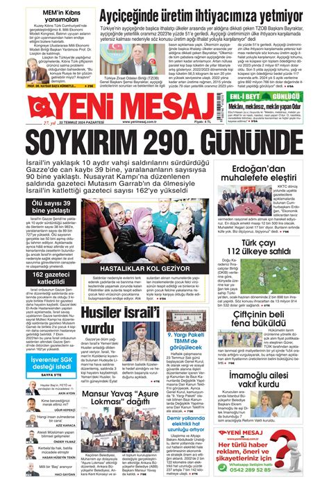 Yeni Mesaj Gazetesi 22 Temmuz 2024 Pazartesi Günü Manşeti