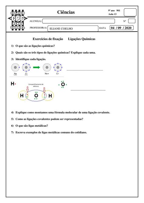 Exerc Cios De Fixa O Liga Es Qu Micas Ci Ncias Ano