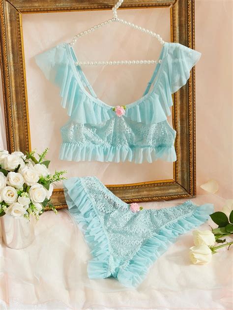 Pure Desire Plus Applique Detail Floral Lace Ruffle Trim Lingerie Set