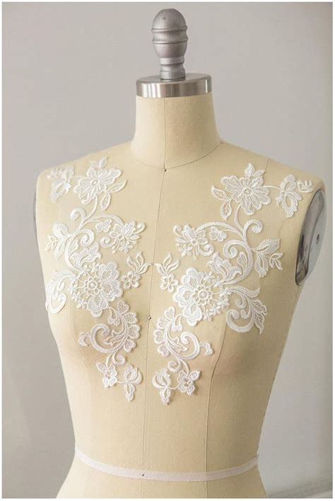 A17 003 2pc Mirrored Soft Lace Flower Applique IVORY Lace Flower