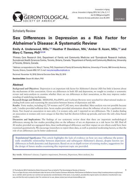 Pdf Sex Differences In Depression As A Risk Factor For Alzheimers