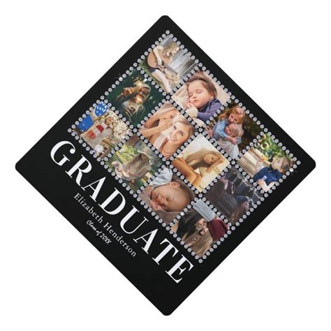 Black Silver Diamante Photo Collage Graduate Graduation Cap Topper