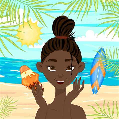 Premium Vector Darkskinned Girl On A Summer Beach Cartoon Style