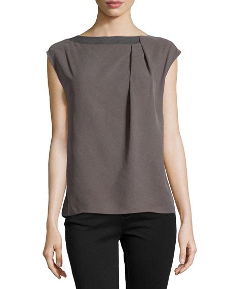 Halston Heritage Cap Sleeve Boatneck Top With Pleats