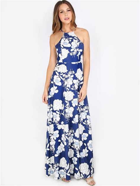 Halterneck Floral Print Maxi Dress Sheinsheinside