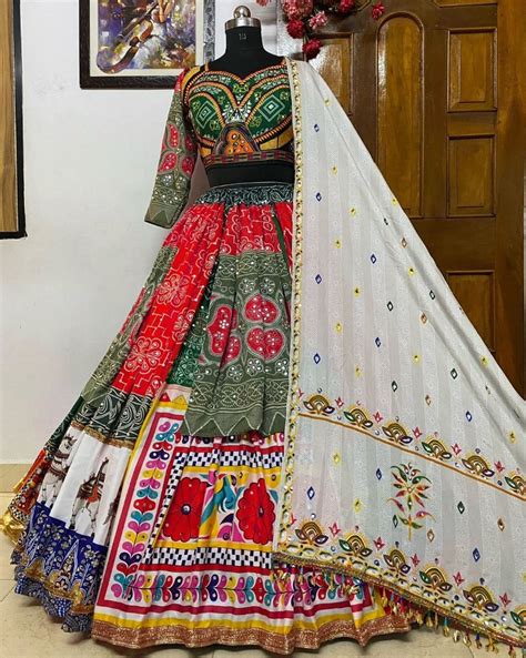 Multicolor Print And Mirror Work Gujarati Garba Navratri Lehenga Chani