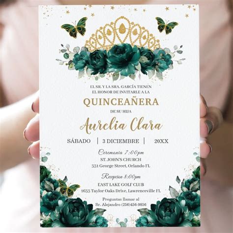 Quincea Era Emerald Green Floral Crown Espa Ol Invitation Zazzle