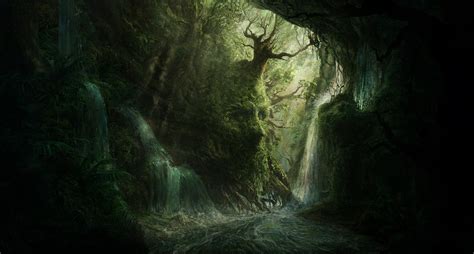 artwork, Digital Art, Forest, Dark, Trees, River, Waterfall Wallpapers ...