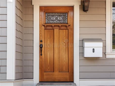 wooden front door  mailbox  lantern stock photo image  beige