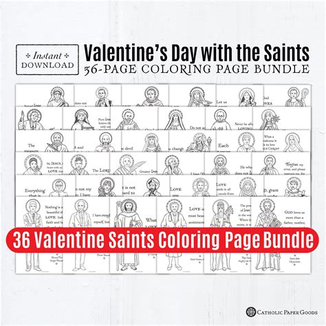 Catholic Saints Valentine Coloring Page Bundle Of 36 Black White