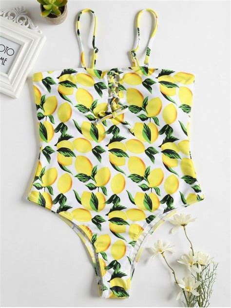 Lemon Lace Up High Leg Swimsuit Yellow High Leg Swimsuit Womens One