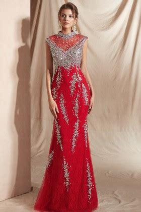 Luxury Beaded Red Ruffled Neckline Trumpet Prom Gown Promfy