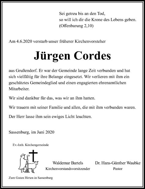 Traueranzeigen Von J Rgen Cordes Trauer Anzeigen De