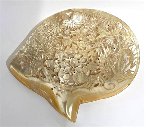 Lot A Carved Mother Of Pearl Shell Depicting Cranes Quail Bamboo